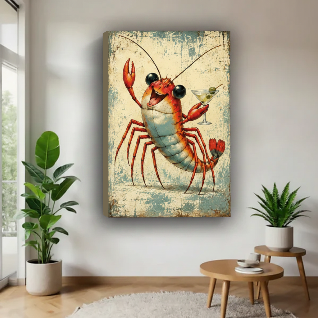 Vintage lobster cocktail canvas wall art in a gallery-wrap finish styled in a bright modern living room