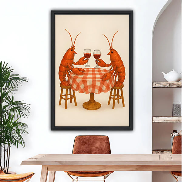 Lobster date night funny black framed canvas on white wall above wood dining table with leather chairs and arched wall