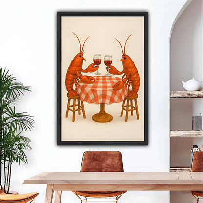 Lobster date night funny black framed canvas on white wall above wood dining table with leather chairs and arched wall