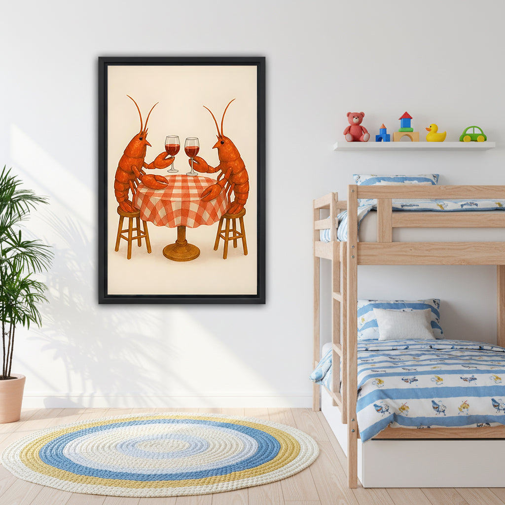 Lobster date night funny black framed canvas on white wall in kids room with wood bunk bed and colorful round rug