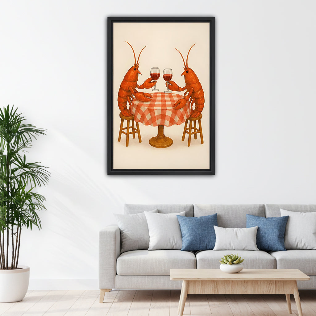 Lobster date night funny black framed canvas on white wall above gray sofa with blue pillows and wood coffee table