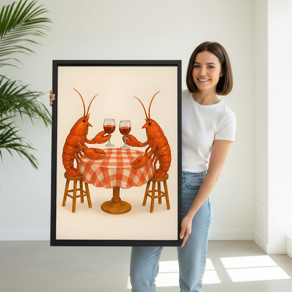 Woman holding lobster date night funny black framed canvas size reference in white room with palm plant