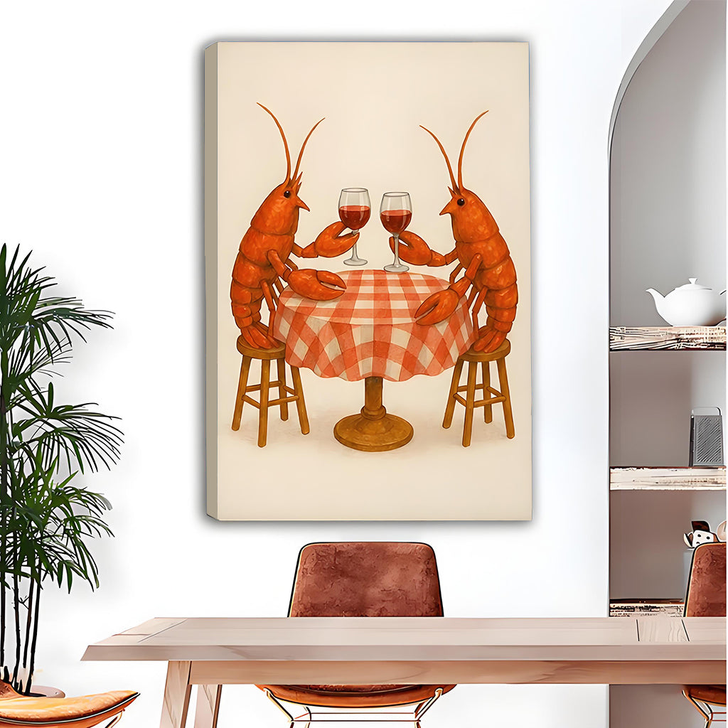 Lobster date night funny gallery wrap canvas on white wall above wood dining table with leather chairs and arched wall