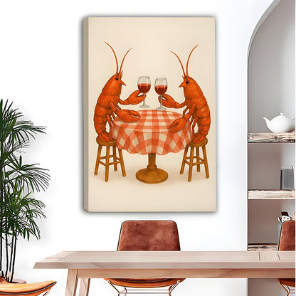 Lobster date night funny gallery wrap canvas on white wall above wood dining table with leather chairs and arched wall