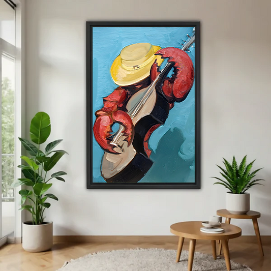 Framed expressive lobster guitarist canvas wall art with bold turquoise background hanging in a bright living room with green plants