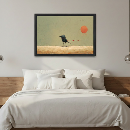 Minimalist lone bird red sun framed canvas wall art hanging above bed in serene white bedroom with wooden headboard