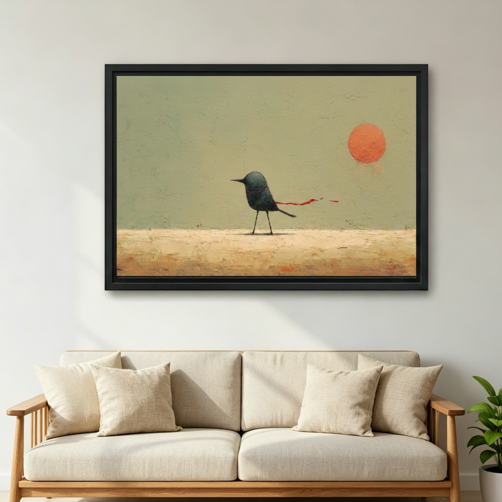 Minimalist lone bird red sun framed canvas wall art hanging above linen sofa in bright Scandinavian living room