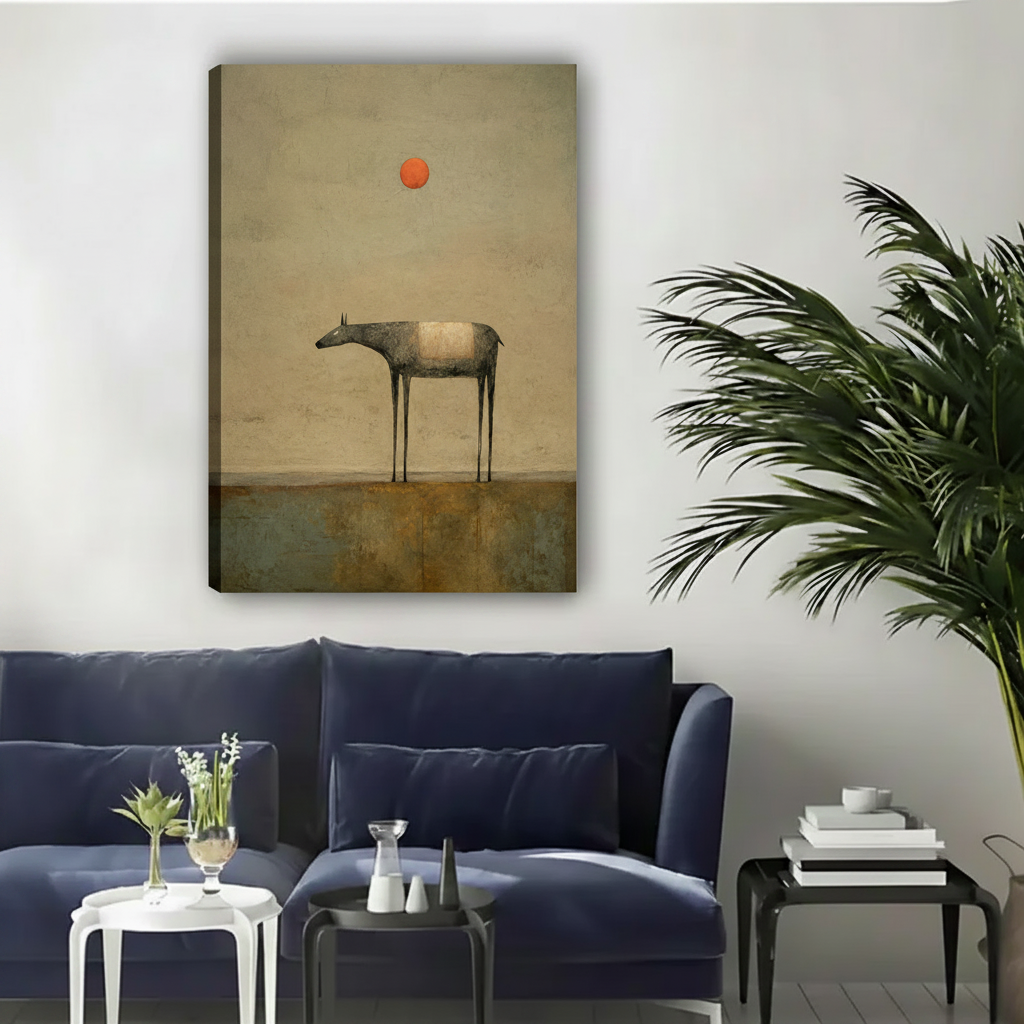 Lone deer orange sun minimalist unframed gallery wrap canvas art above navy sofa with green palm plant