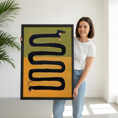 Long dachshund canvas wall art in a black frame above a dining table beside a potted palm.
