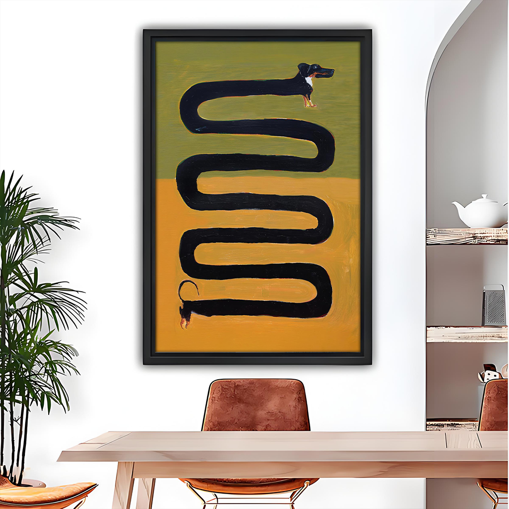 Framed long dachshund canvas wall art with olive green and mustard blocks displayed beside wooden bunk beds.
