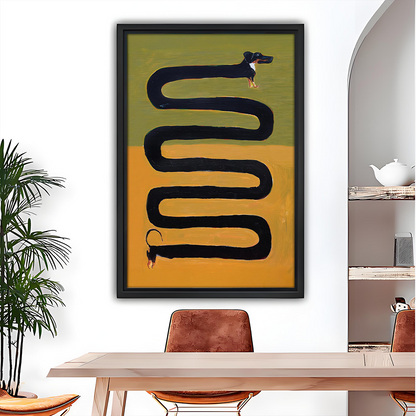 Framed long dachshund canvas wall art with olive green and mustard blocks displayed beside wooden bunk beds.