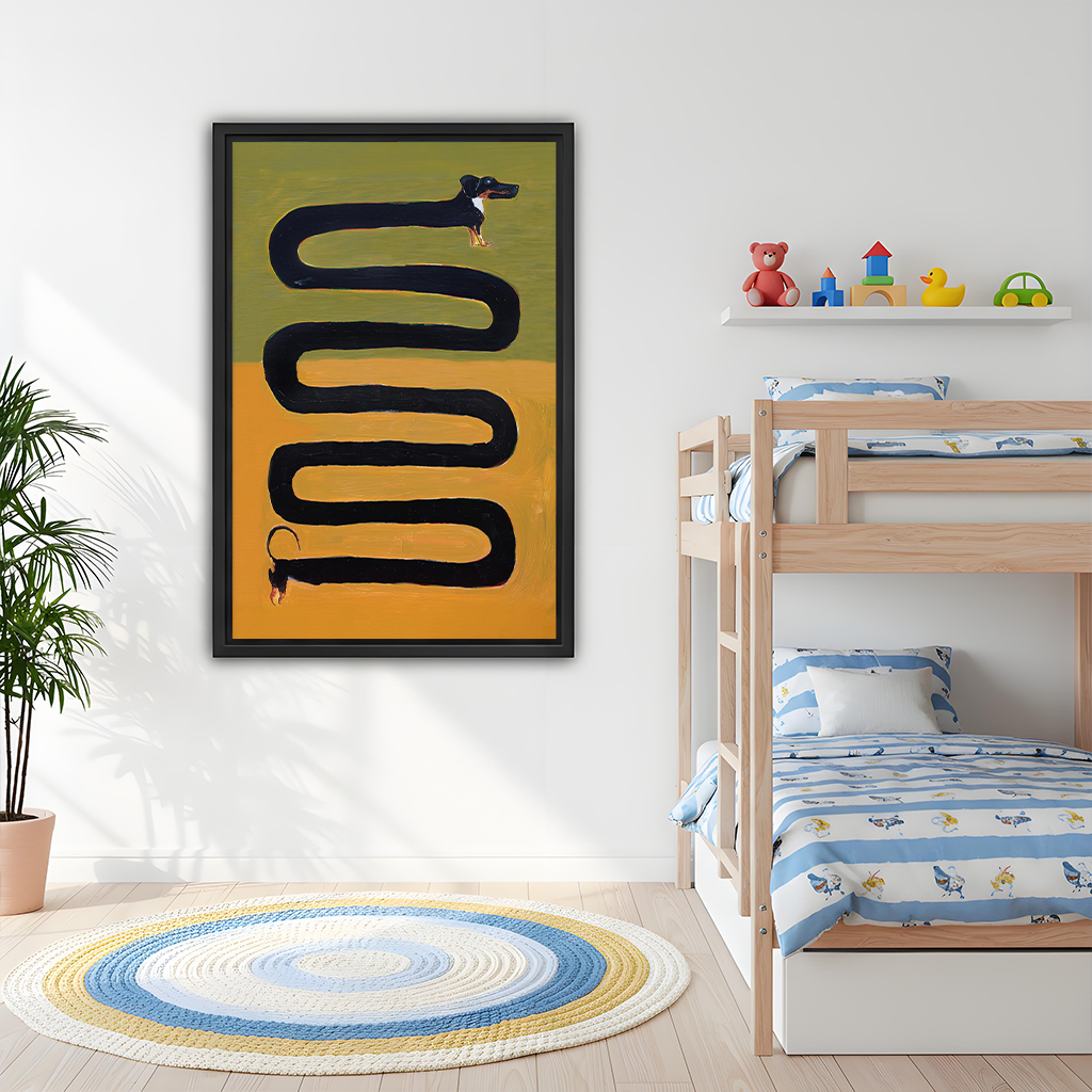 Framed long dachshund canvas wall art with mustard and olive tones above a gray sofa with blue cushions.