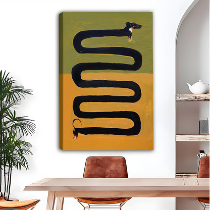 Gallery-wrap long dachshund canvas wall art showing a winding black dog silhouette above a dining table.
