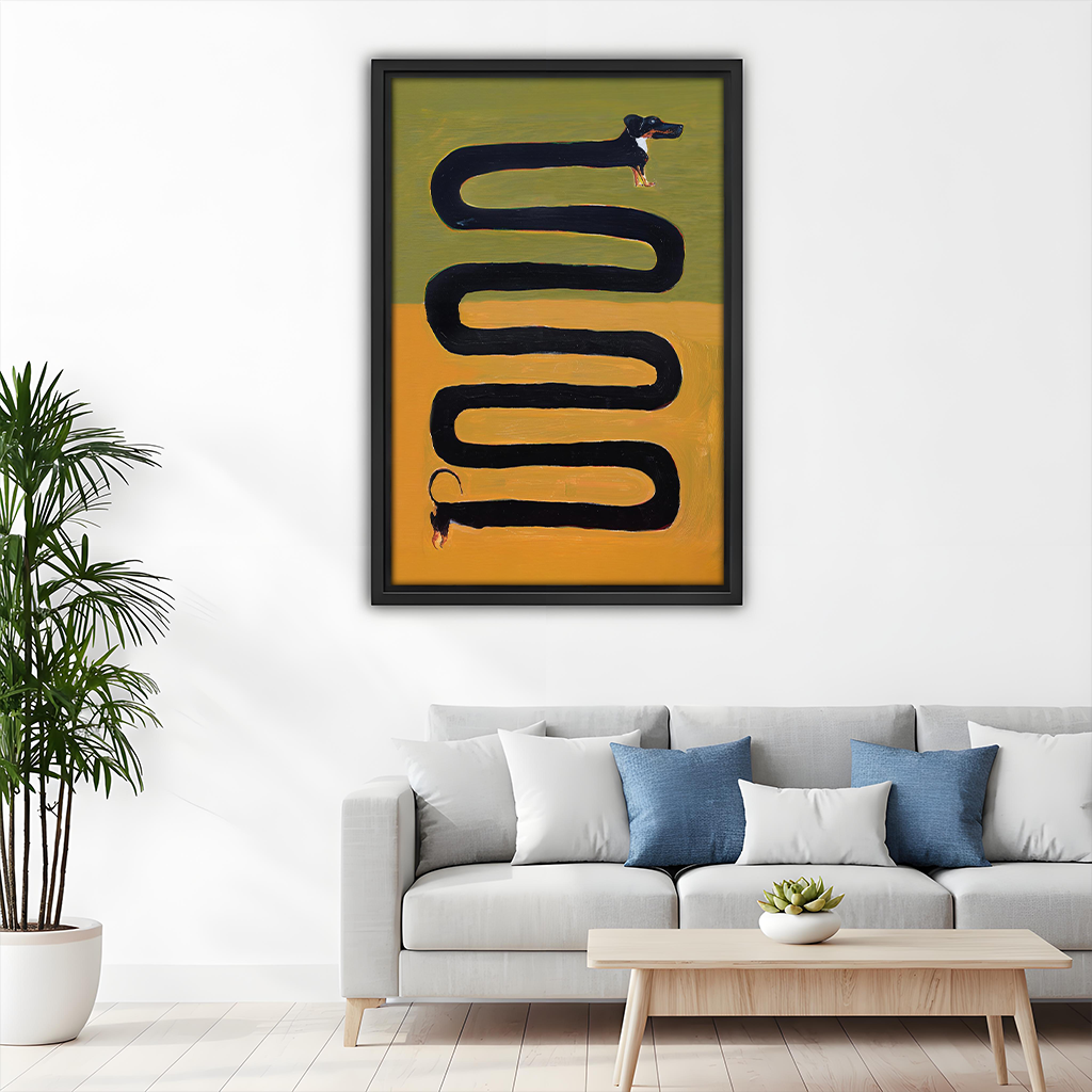 Woman holding black framed long dachshund canvas wall art featuring an exaggerated winding silhouette and tiny paws.