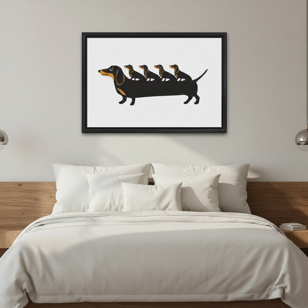 Black framed humorous dachshund wall art hung above a white linen bed in a modern bedroom with wooden headboard and silver wall sconces, featuring a graphic extra-long sausage dog with four mini dachshund heads on a white background