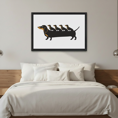 Black framed humorous dachshund wall art hung above a white linen bed in a modern bedroom with wooden headboard and silver wall sconces, featuring a graphic extra-long sausage dog with four mini dachshund heads on a white background