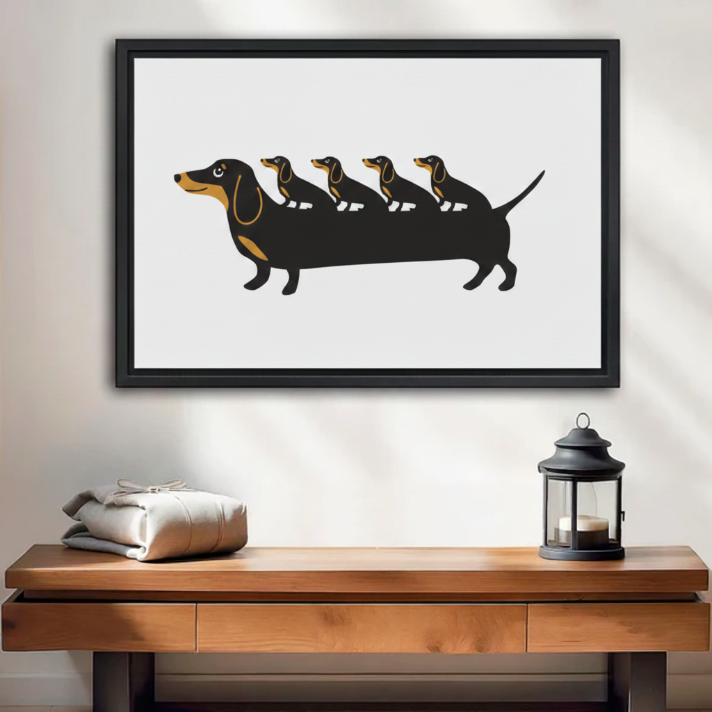 Black framed minimalist canvas art of a long dachshund body with four smaller dachshund heads popping up along its back in a humorous stacked dog illusion, displayed above a rustic wooden console table with a lantern