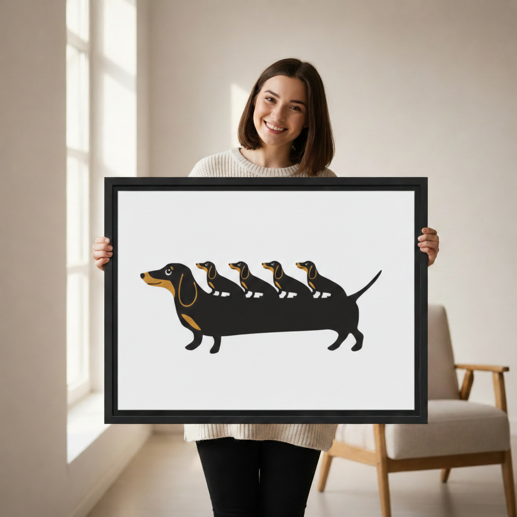Smiling woman holding a large black-framed minimalist canvas print of an oversized dachshund with four smaller dachshund heads stacked along its elongated body in a clean black and tan graphic style