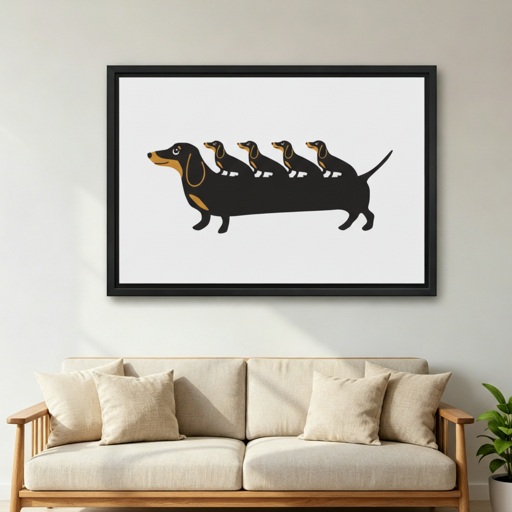 Black framed funny dachshund family wall art hung above a cream linen sofa in a bright Scandinavian living room, featuring a bold black and tan extra-long sausage dog with four mini dachshund heads on a white background