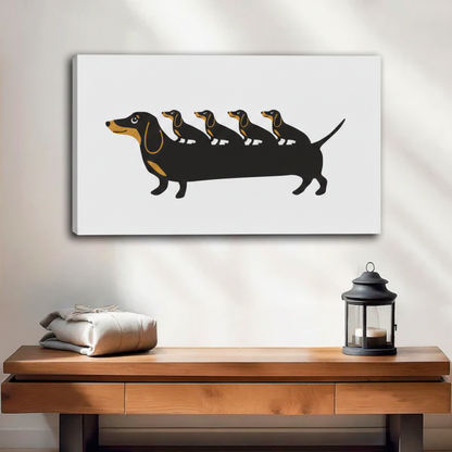 Frameless gallery-wrap canvas of a whimsical extra-long dachshund silhouette with four smaller dachshund heads riding along its back on a clean white background, hung above a wooden console table with a black lantern