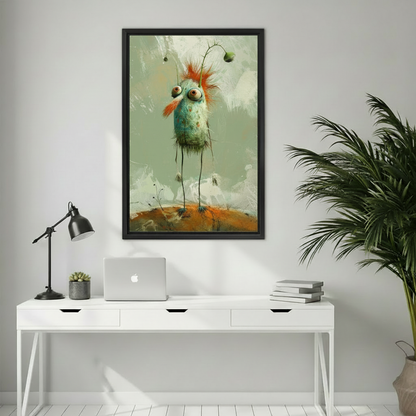 Framed whimsical long-legged bird canvas wall art adding quirky character to a bright home office.