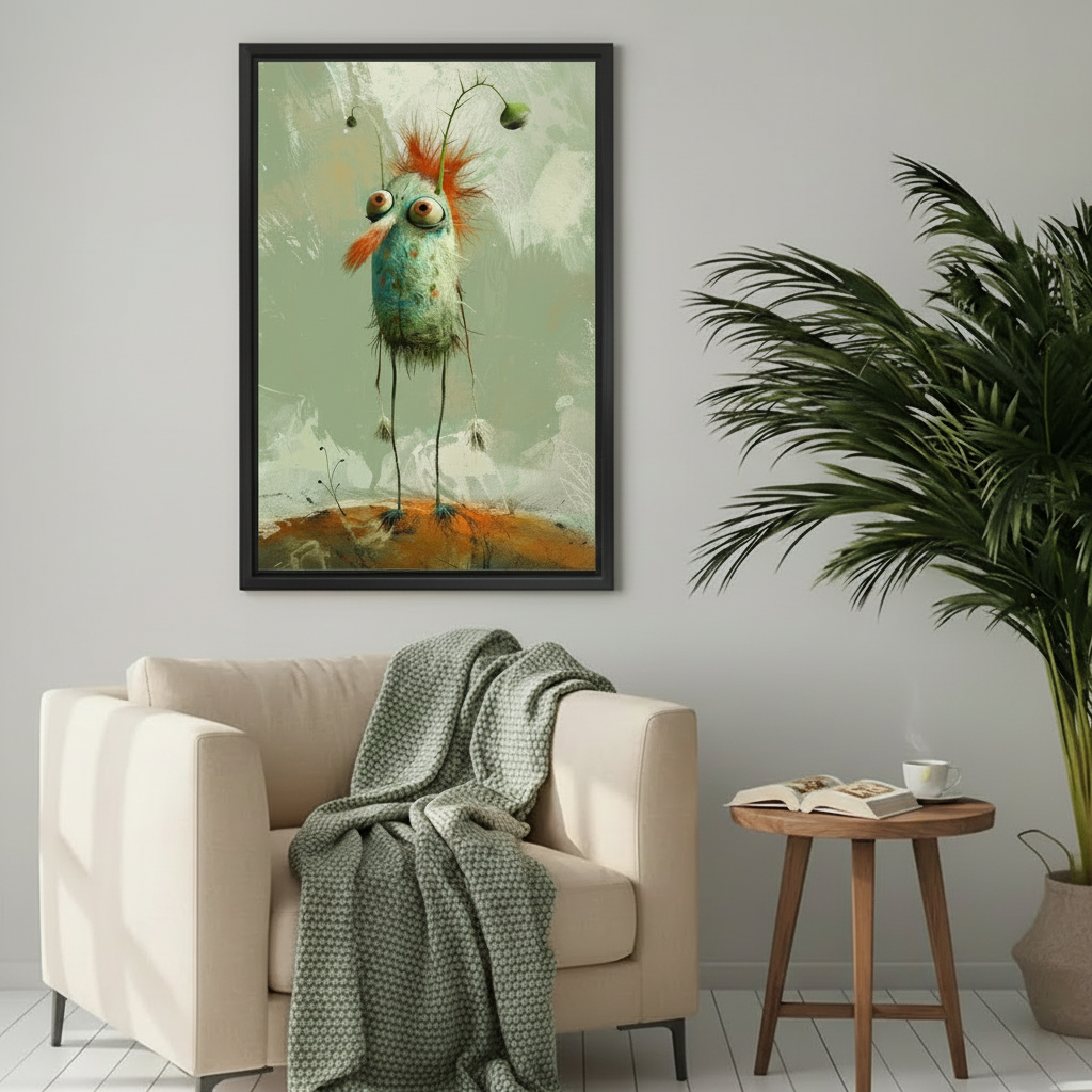 Framed whimsical long-legged bird canvas wall art displayed above a cozy cream reading chair.
