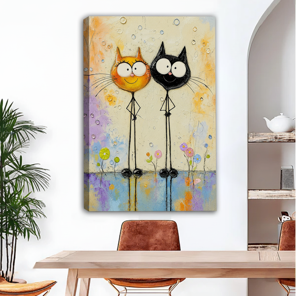  Gallery-wrap cat couple canvas art featuring smiling orange and black cats surrounded by colorful flowers.
