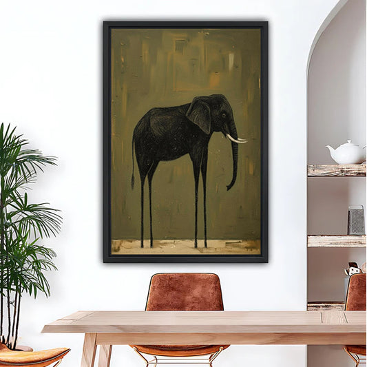 Black-framed long-legged elephant canvas wall art above a wooden dining table