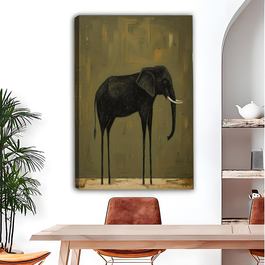 Gallery-wrap long-legged elephant canvas wall art with visible left-edge depth above a dining table