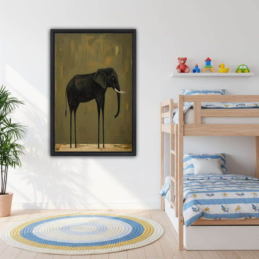 Surreal long-legged elephant canvas wall art beside wooden bunk beds in a kids’room
