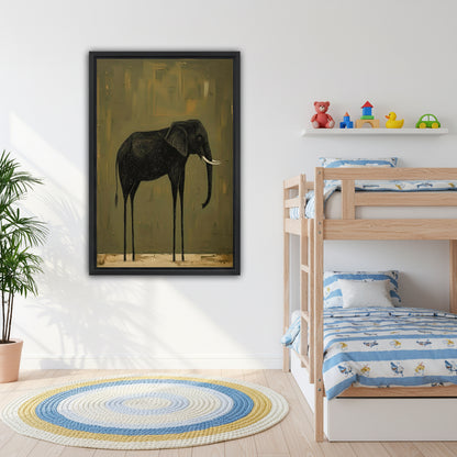 Surreal long-legged elephant canvas wall art beside wooden bunk beds in a kids’room