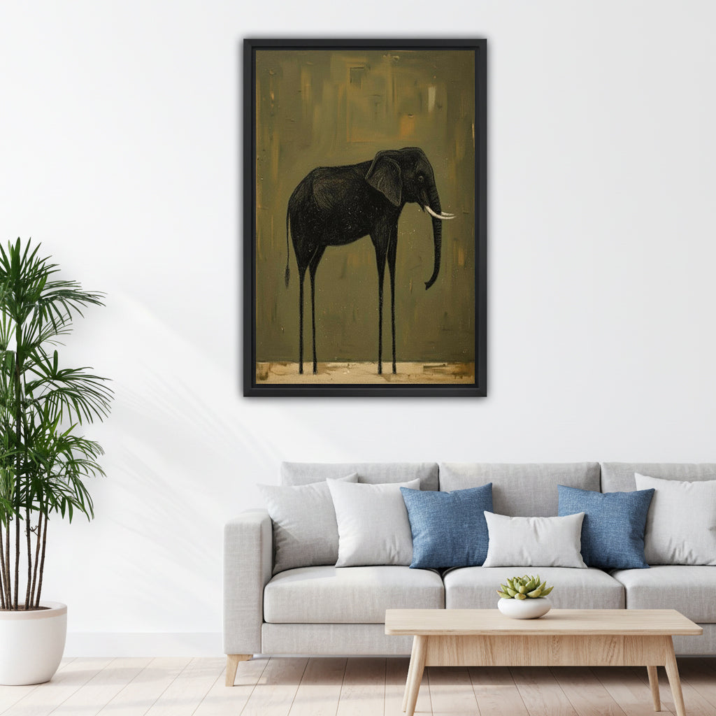 Framed long-legged elephant canvas wall art above a gray sofa with blue cushions