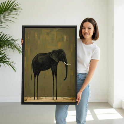 Model holding framed long-legged elephant canvas wall art for size reference