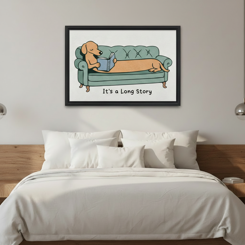 Funny dachshund reading book framed poster above a white bedding bed as bedroom wall decor