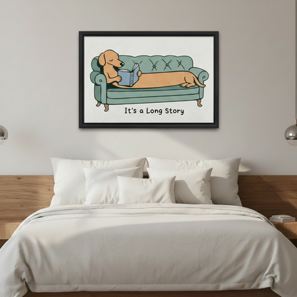Funny dachshund reading book framed poster above a white bedding bed as bedroom wall decor