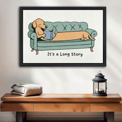 It's a Long Story wiener dog art print in black frame mounted on wall above entryway console table