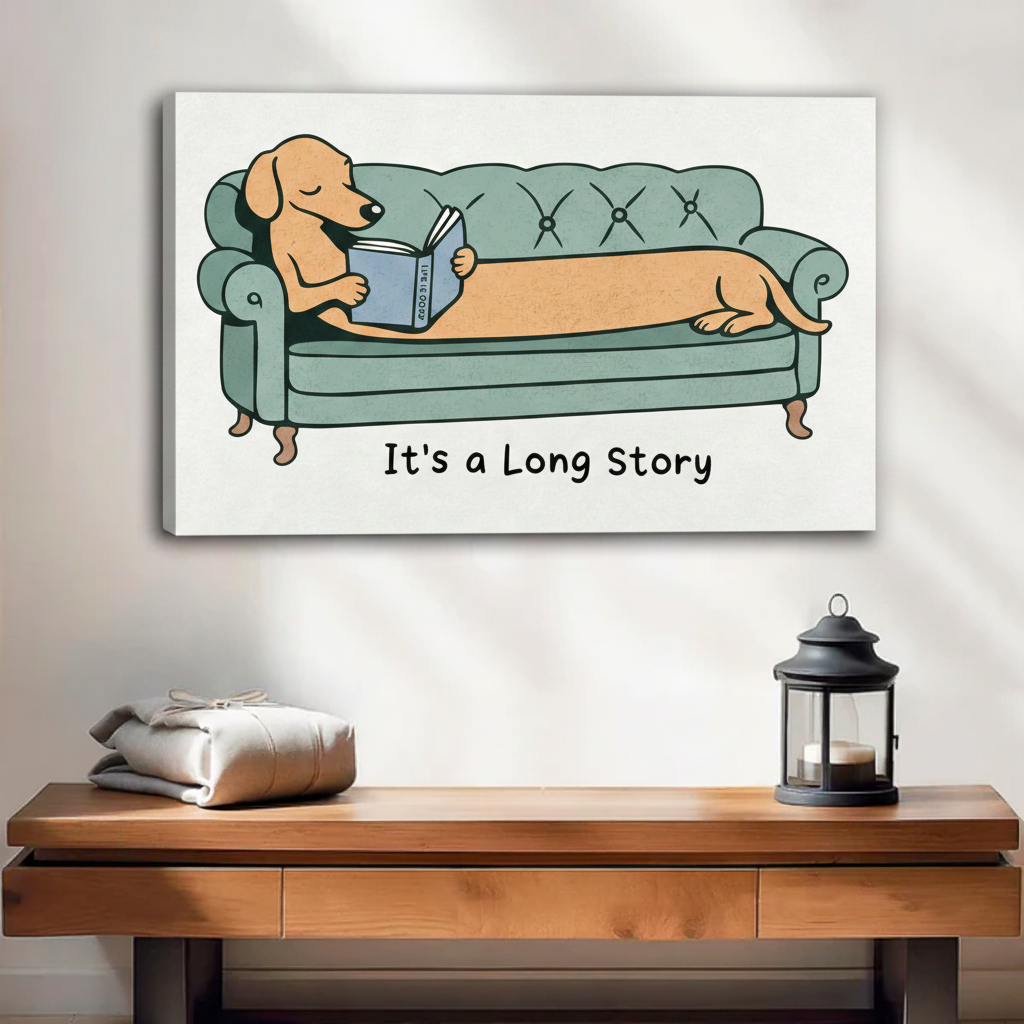 Dachshund reading a book on a tufted sofa canvas wall art displayed above a wooden console table