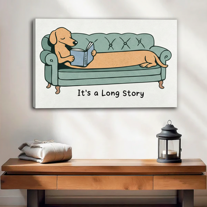 Dachshund reading a book on a tufted sofa canvas wall art displayed above a wooden console table