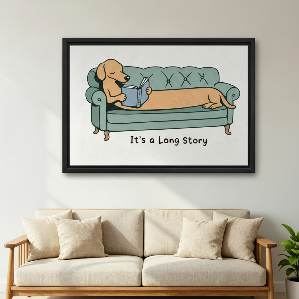It's a Long Story dachshund framed art print hanging above a beige linen sofa in a bright living room