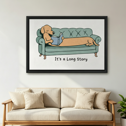 It's a Long Story dachshund framed art print hanging above a beige linen sofa in a bright living room