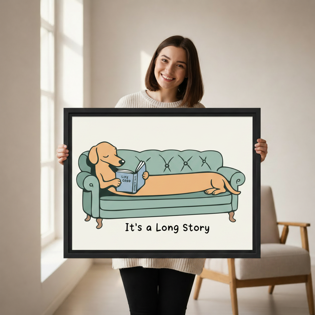Woman holding a large framed dachshund wall art print with humorous It's a Long Story caption