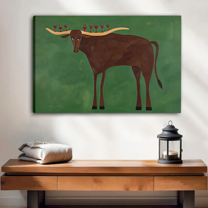 Longhorn wine glass canvas wall art featuring a brown longhorn and golden horns, black-framed above a white bed.