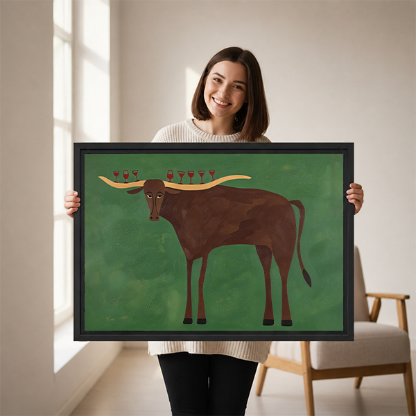 Black-framed longhorn wine glass canvas wall art displayed above a wooden console with folded blankets and a lantern.