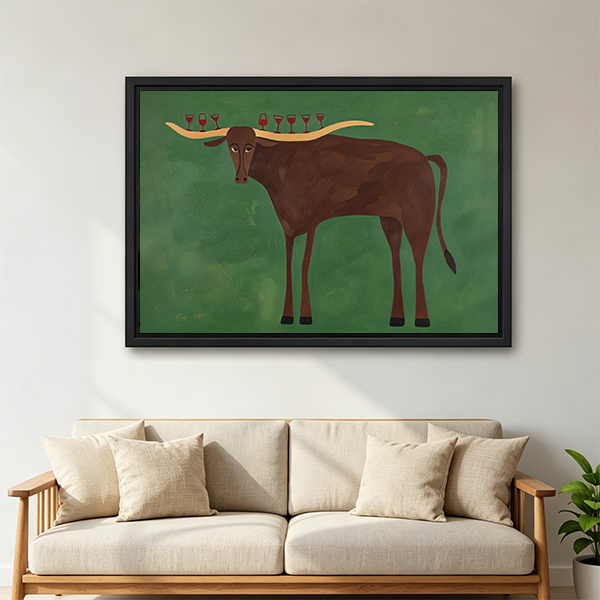 Unframed longhorn wine glass canvas wall art on a green background above a wooden console beside a black lantern.