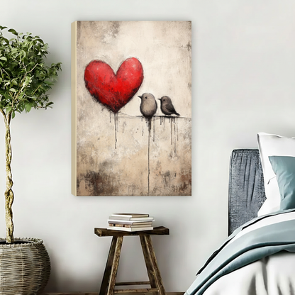 Frameless gallery wrap canvas of two birds on fence with oversized red dripping heart on aged textured background, romantic street art wall decor for bedroom