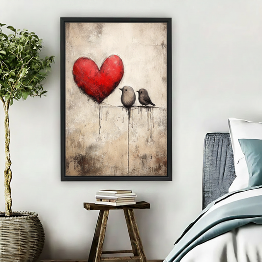 Two love birds sitting on fence under large red dripping heart street art style framed wall art beside wooden bed, romantic canvas for bedroom decor