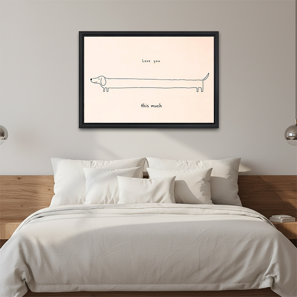 Gallery-wrap love you this much dachshund canvas wall art showing a long dog above a console table with a lantern.