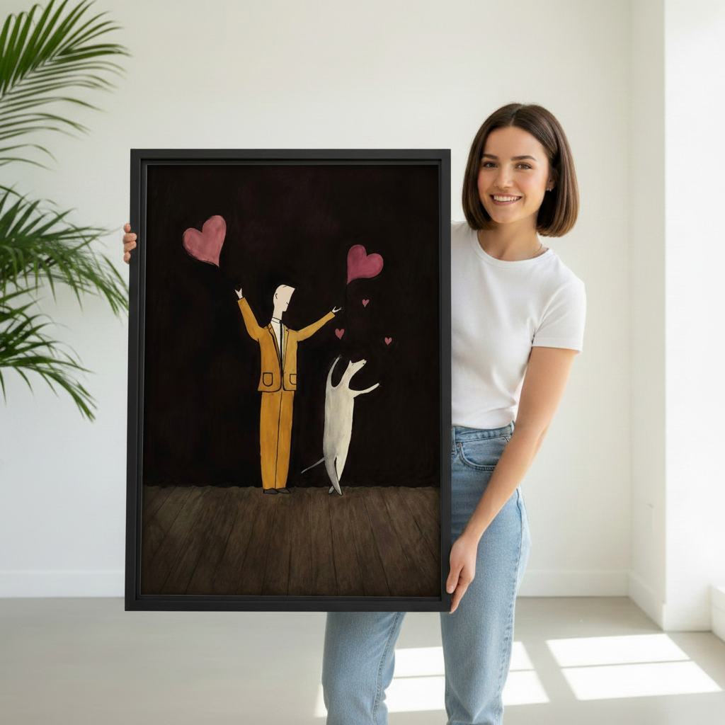 Woman holding large black framed man and dog hearts folk art canvas print, unique pet lover gift