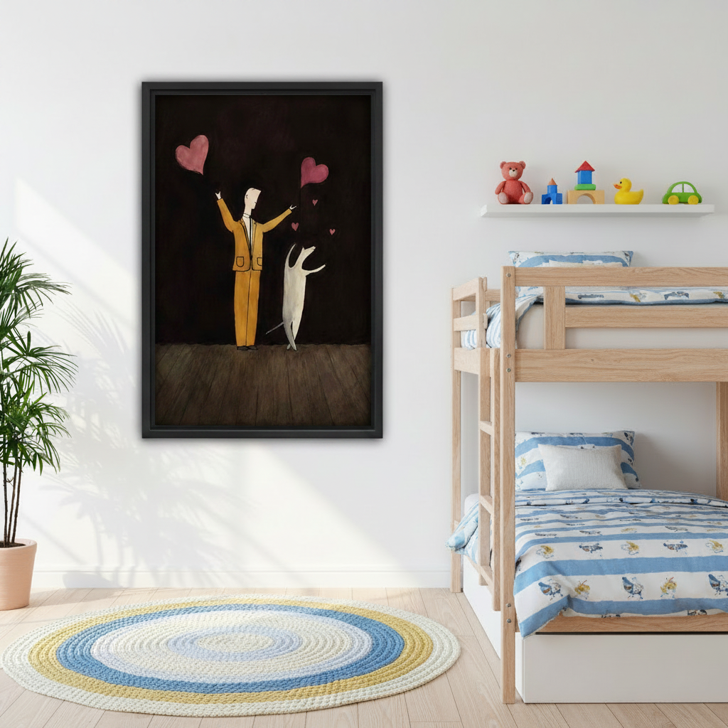 Folk art man and dog with floating hearts framed canvas print in cozy bedroom, love-themed wall decor
