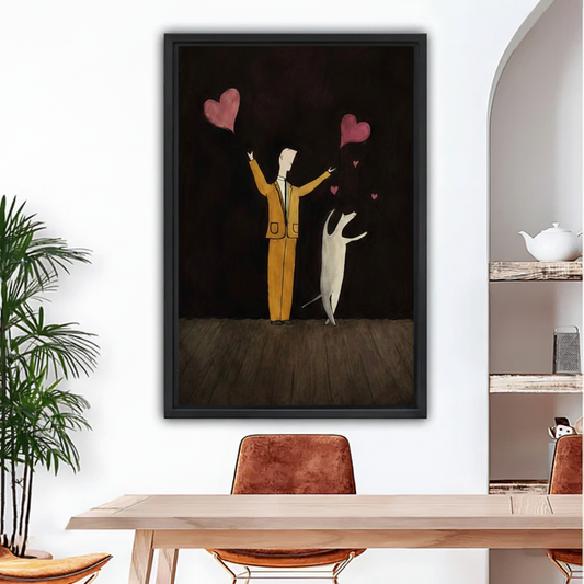 Black framed folk art canvas wall art of man and dog with floating hearts, dining room wall decor